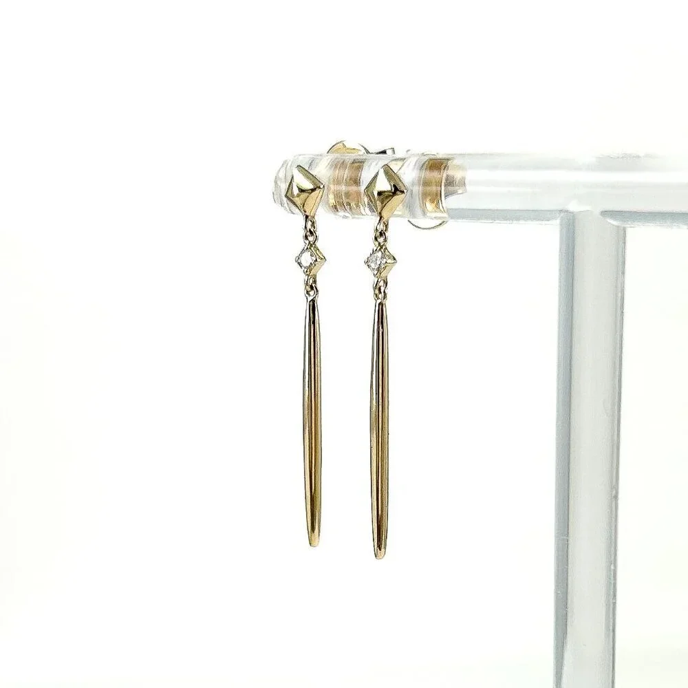 14k Yellow Gold Spike Dangle Earrings w/ Diamond, Post NWT .05ctw